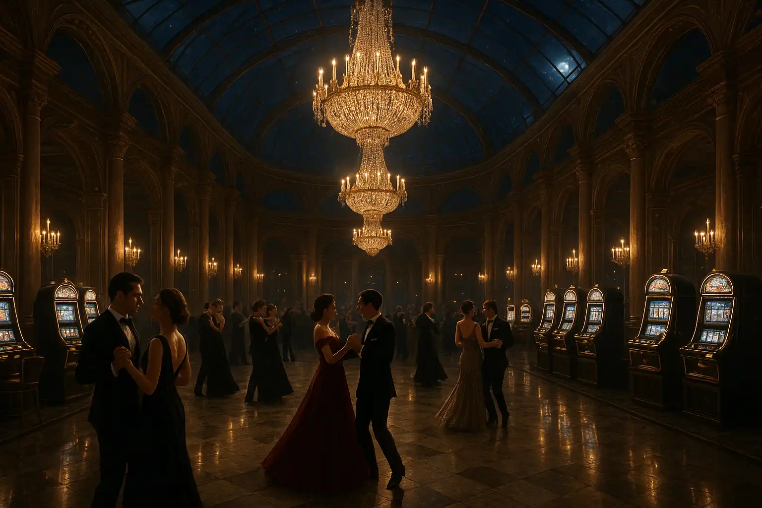 Moonlit casino ballroom with crystal chandeliers and polished slot machines