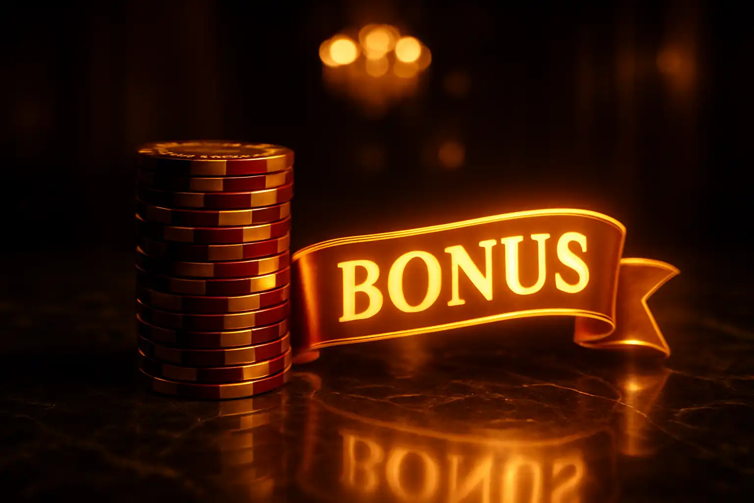 Stack of golden casino chips beside a bonus ribbon under chandelier light