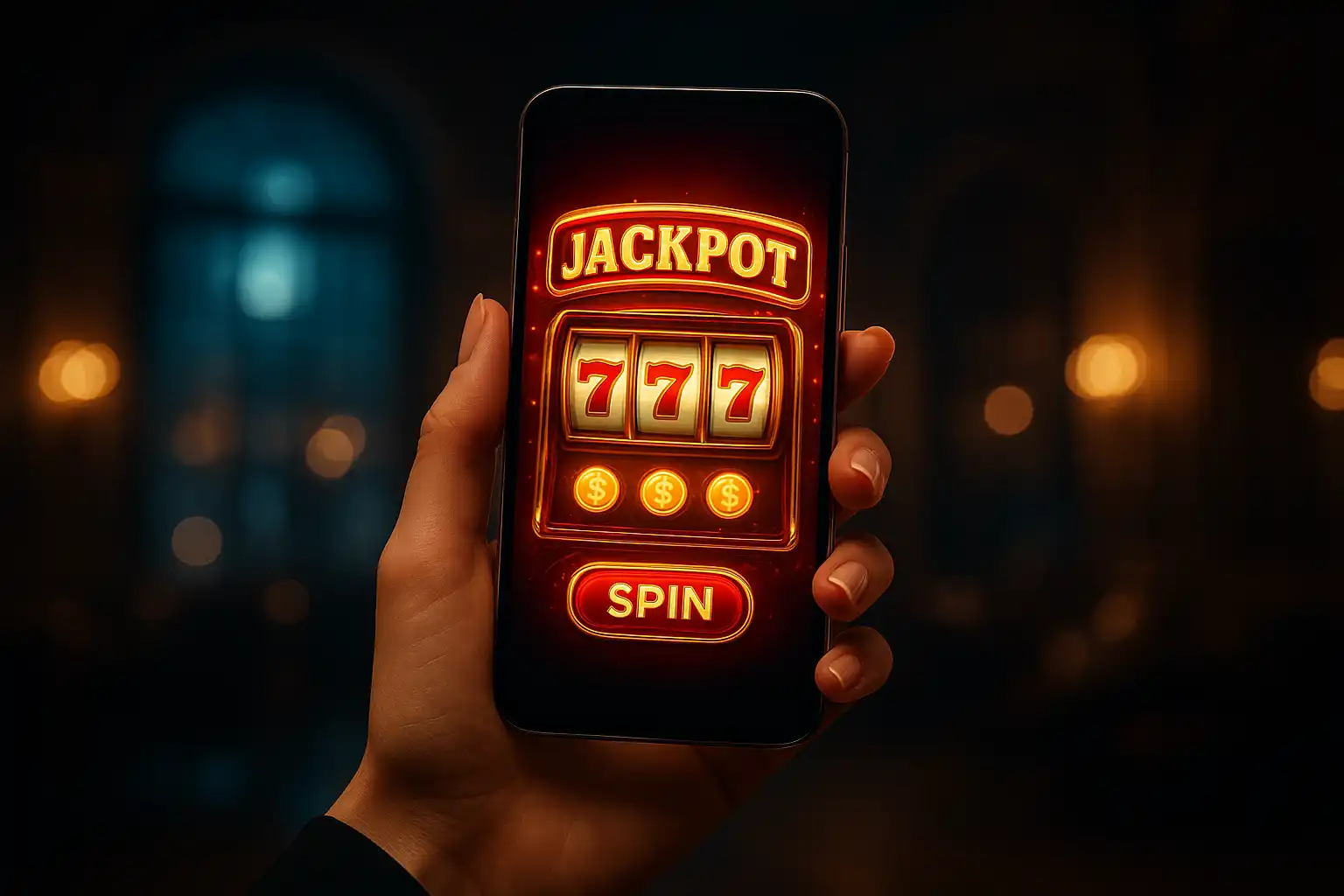 Hand holding a smartphone displaying a casino slot game interface