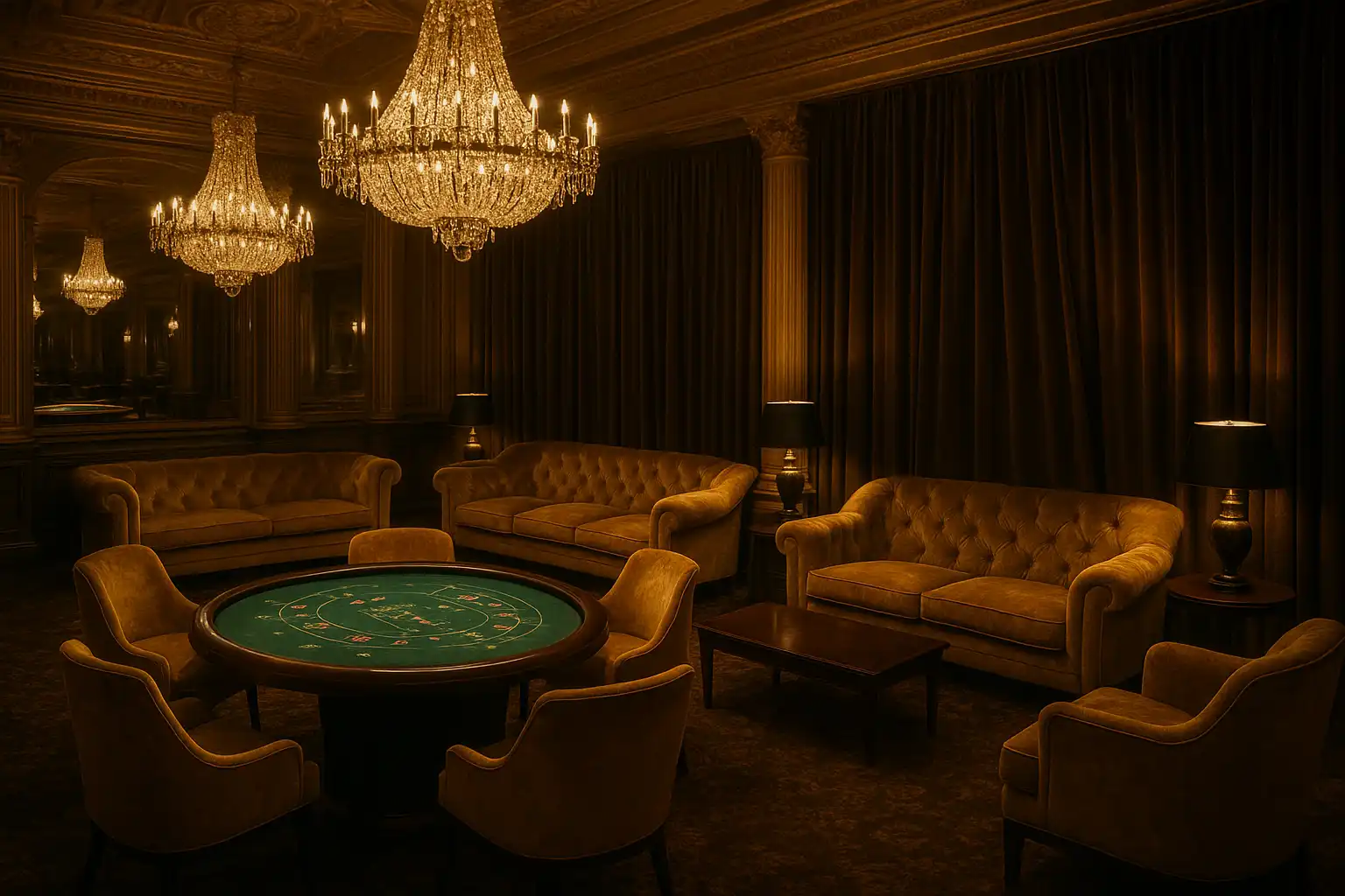 Elegant VIP lounge area with gold accents and a reserved casino table