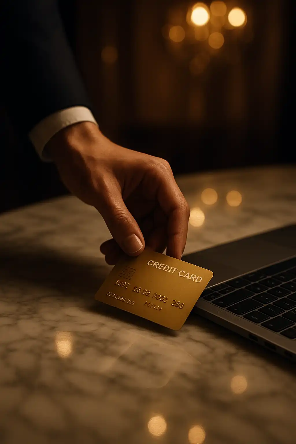 Hand placing a card next to a laptop to make a deposit
