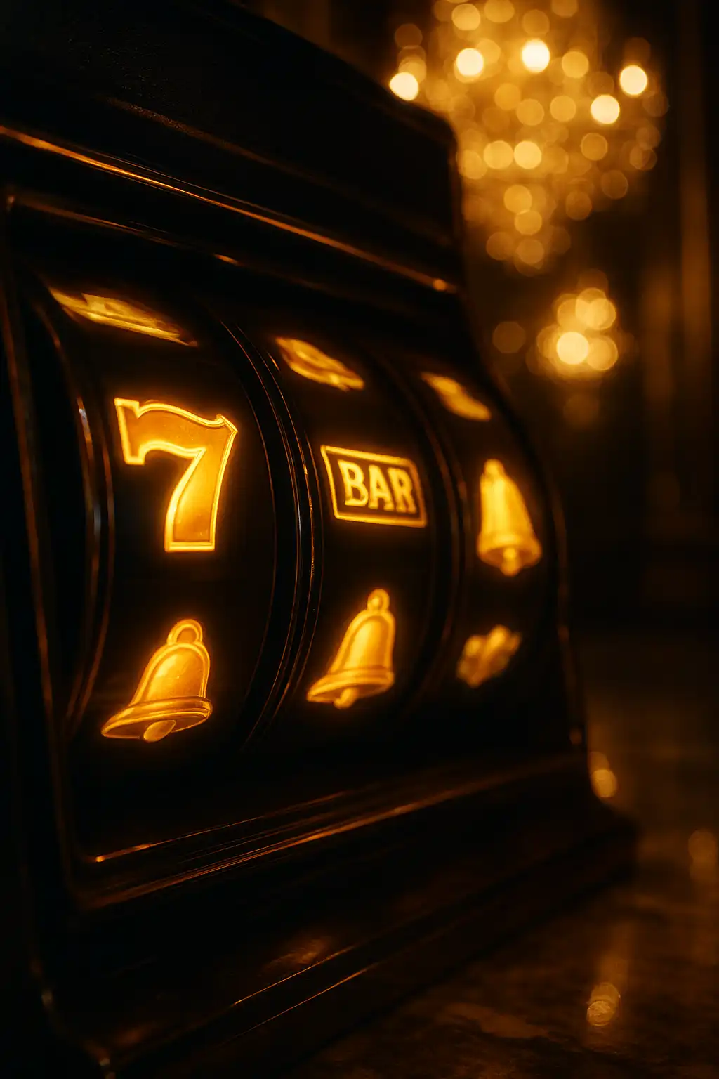 Slot machine reels spinning under chandelier light